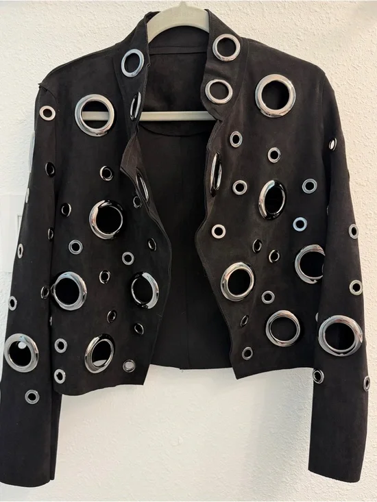 Black Faux Suede Grommet Circle Detail Women's Jacket - Picture 1 of 7